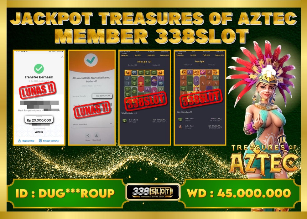 338SLOT JACKPOT GAME JUDI PG SOFT TREASURES OF AZTEC RESMI DAN TERBAIK! Rp 45.000.000 - LUNAS!!!