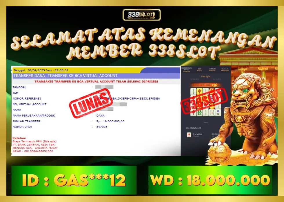 338SLOT JACKPOT GAME JUDI PGSOFT AUTO WIN! Rp 18.000.000 - LUNAS!!!